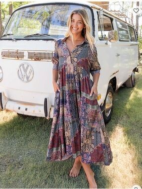 NATURAL LIFE Boho Patchwork Midi Dress